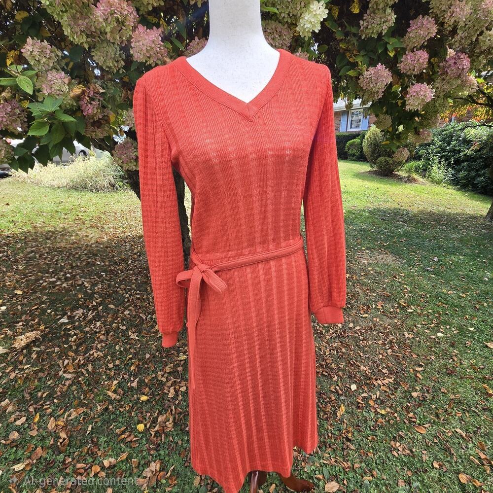 60s 70s Orange Long Sleeve‎ Waffle Knit Dress Vintage Midi Soft Belted V Neck